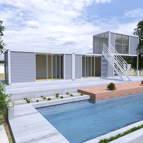 Modular pool house in front of a pool